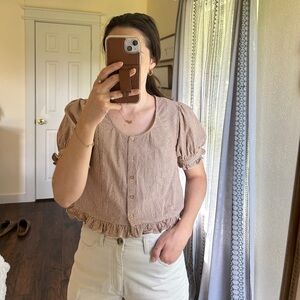 Neuflora Leland Top Brown Gingham Puff Sleeve Top 100% Cotton Small